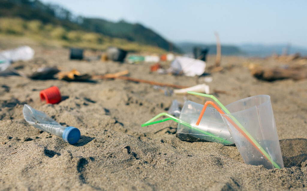 Playa contaminada por plásticos y microplásticos.